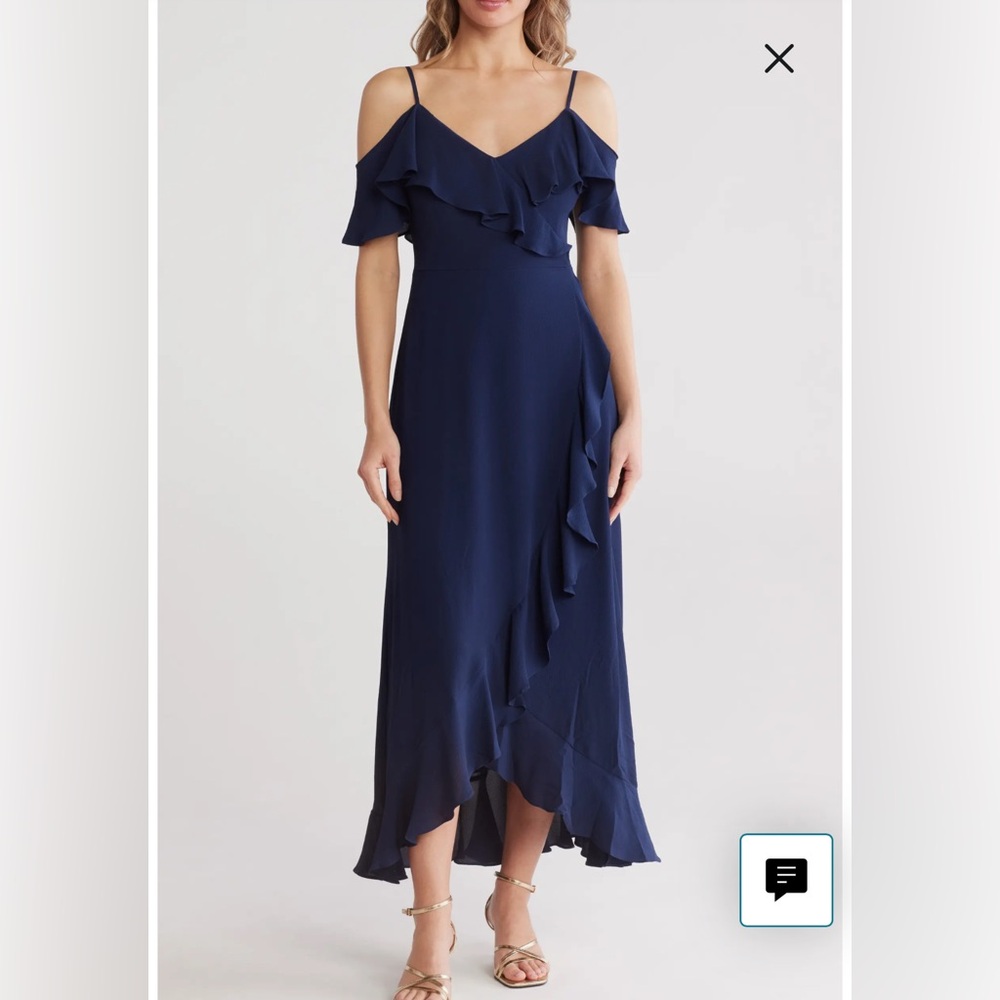 London Times Ruffle Cold Shoulder Maxi Dress